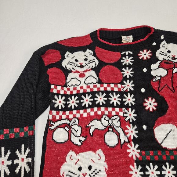 VTG Christmas Sweater Womens M Cat Kitten Kitty Holiday Made in USA Red Grandma - Picture 4 of 12